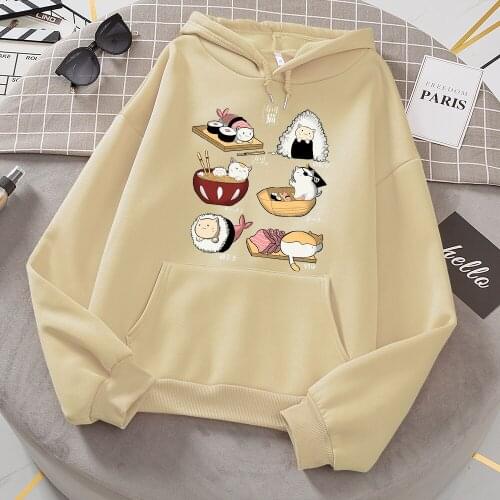 Sushi CatS Day Harajuku Print Hoodies Womens New Loose Fleece Hoodie Autumn Fleece Sweatshirt Casual O-Neck Clothing Female