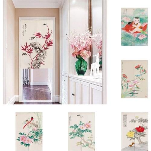 Chinese Flower Door Curtain Kitchen Bedroom Partition Curtain Without Punching Doorway Hanging Curtain Home Decoration
