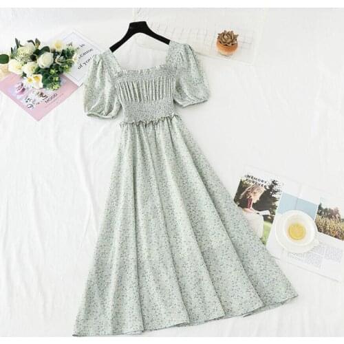 Summer Elegant Floral Dress Women Square collar Short sleeve Elastic waist Chiffon Dress Female Frenc Korean Dress 2021 New
