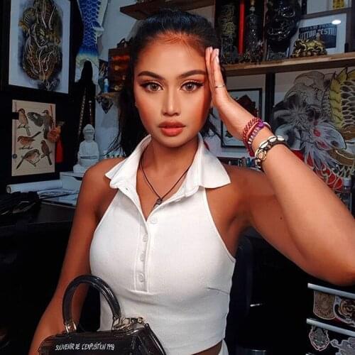 2020 Fashion Sexy Women Short Sleeve Crop Top Button Vest Halter Casual White Tank Tops Blouse Short Basic Knit Women Tank Top