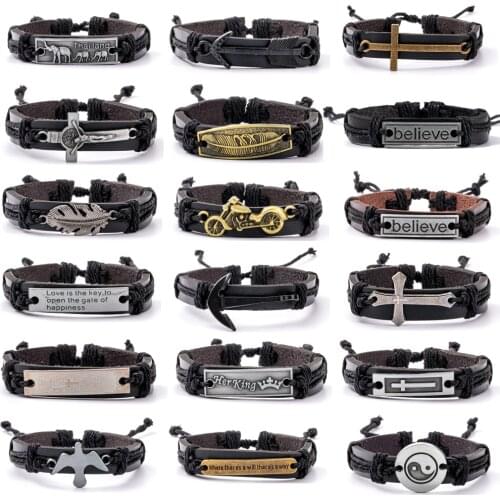 30 Styles Men Bracelets Vintage Single layer Leather Braid Bracelets Bangles Anchor Motorcycle Handmade Rope Wrap Bracelets Male