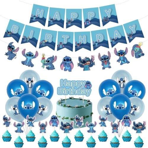 Disney loli stitch party supplies set banner balloon cupcake topper birthday decoration shower kid Celebration Supply Disposable