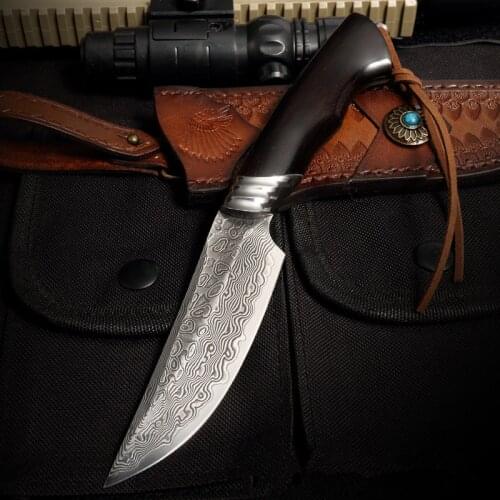 Samurai 60 HRC Handmade Damascus hunting straight knife rosewood Full Tang handle with cowhide leather sheath