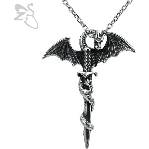 ZS Dragon Cross Pendant Necklace Stainless Steel Big Punk Necklaces for Men Rock Roll Jewelry Hip Hop Biker Animal Necklace 2018