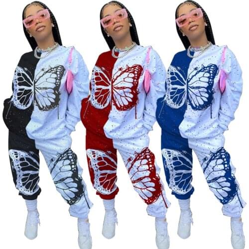 Plus Size Women Clothing 2 Piece Set S-5XL Full Sleeve Hoodie Sweat Suit Butterfly Print Cotton Tracksuit Wholesale Dropshipping