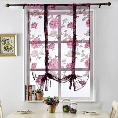Romantic Peony Printed Tulle Curtain Short Curtain for Kitchen Bathroom Bedroom Home Decor Semi-shading Drapery Roman Curtain