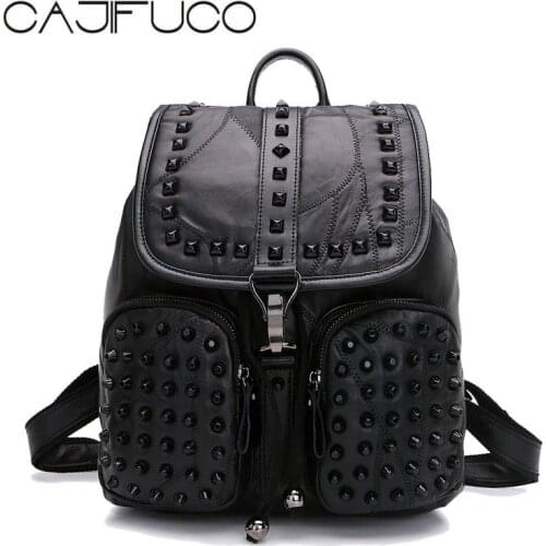 Cool Gun Metal Rviet Women Backpack Genuine Leather Medium Travel Bag Studded Hook School Bag Soft Lambskin Shoulder Bag Bolsa