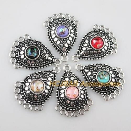 6 New Teardrop Flower Resin Connectors Shivering Mixed Charms Tibetan Silver 25.5x36mm