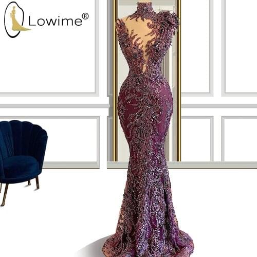 Dubai Formal Dress Purple High Neck Beading Evening Dresses Mermaid Applique Long Robes Jurken Vestidos De Festa Abiye
