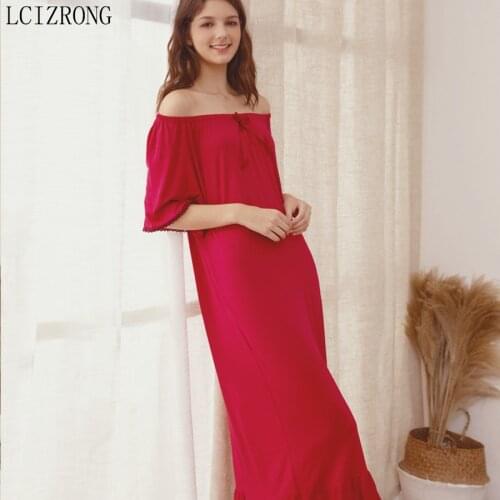 Spring Fashion Loose Long Women Night Dress Summer Short Sleeve Elastic Collar Sexy Sleepwear Dress Soft Comfortable Nightgown
