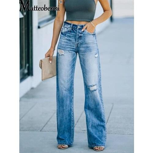 Vintage Ripped Straight Jeans For Women Hole Jean Female Denim Pencil Pants Streetwear Boyfriend Loose Wide-Leg Jeans Trousers
