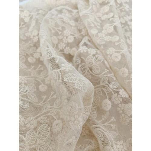 Ivory Embroidered Tulle Lace Fabric With Elegant Florals Beige Mesh Lace Fabric Retro Style Wedding Table Cloth