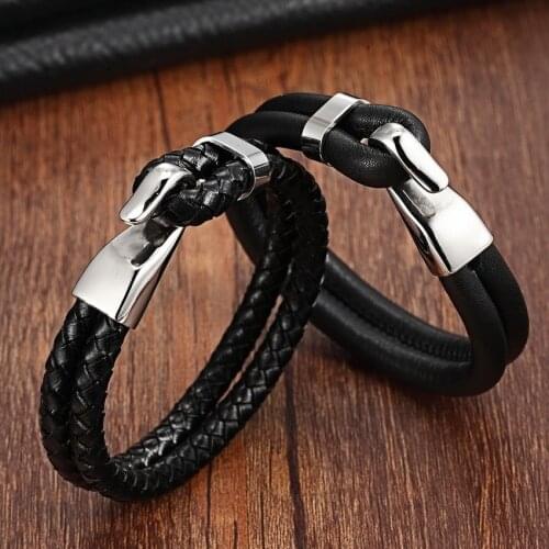 XQNI 6mm Wide Hook Buckle Genuine Leather Bracelet Double Layer Stainless Steel Snake Rope Chain Bangle For Women Men Present