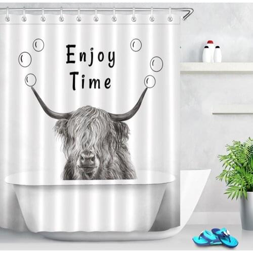 Animal Highland Cattle Cow Shower Curtain Bathtub Waterproof Polyester Fabric Bathroom Decor Printed Shower Curtain with Hooks