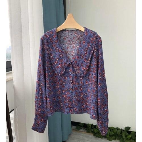 Women Shirt Retro Romantic Purple Butterfly Grass Age Reduction Big Doll Collar Delicate Floral Long-sleeved Shirt