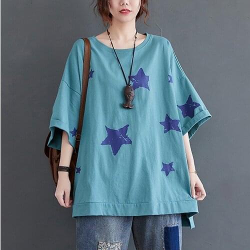 Oversized Women Summer Loose Casual T-shirts New Arrival 2021 Simple Style Star Print 100% Cotton Female Tops Tees S4012