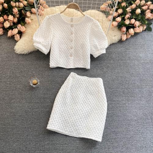 Womens Summer Suit French Retro Solid Color Round Neck Puff Sleeve Short Top + High Waist Skirt Two-piece New Female Sets DE266