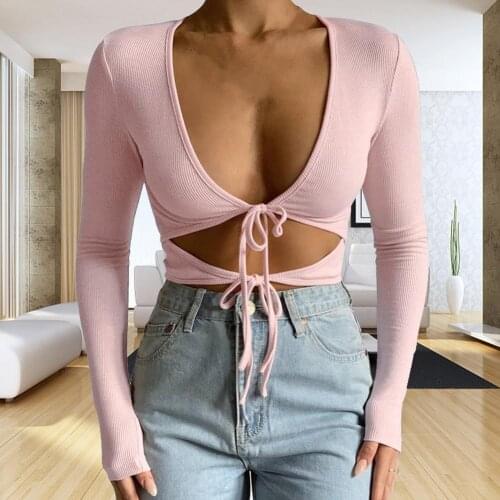 Women Drawstring Top Long Sleeve Sexy Slim-fit Knitted Basic Top slim casual U-neck Suit for all year round long sleeves top