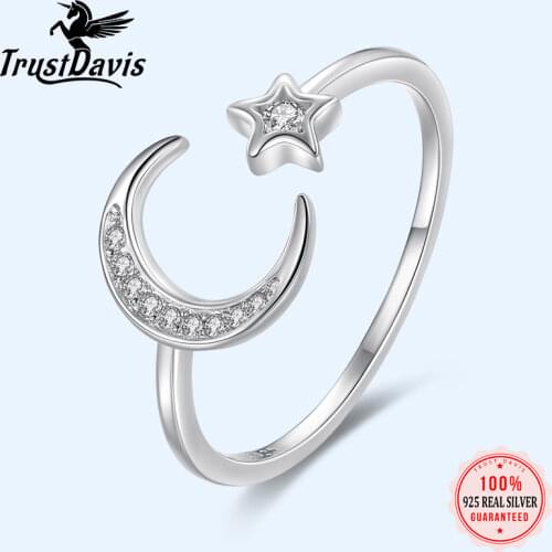 Trusta 100% 925 Solid Real Sterling Silver Fashion Jewelry Moon Star CZ Cocktail Opening Ring Sizable For Women Girl Gift DA27