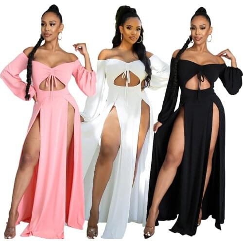 Women Sexy Tube Top Dresses Fashion High Waist Hollow Out Bandage Maxi Dress Stretch Slim Festival Clubwear Bodycon Split Dress