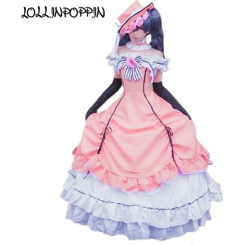 Anime Black Butler Ciel Phantomhive Cosplay Dress Women Cosplay Costumes Lolita Dress (Dress + Hat + Neck Accessory + Gloves)
