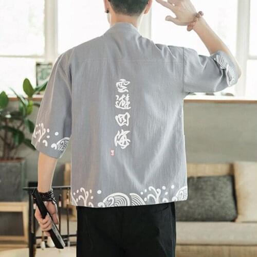 2020 Men Japanese Kimono Print Yukata Coat Summer Seven-point Sleeve Suit Linen Jacket Male Samurai Japan Haori Cardigan Costume