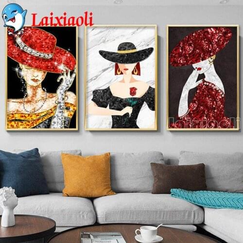 5d Diamond Painting New Arrivals Fashion beauty wearing hat Handmade Diamond Embroidery 3 pcs Picture Of Rhinestones Home Decor