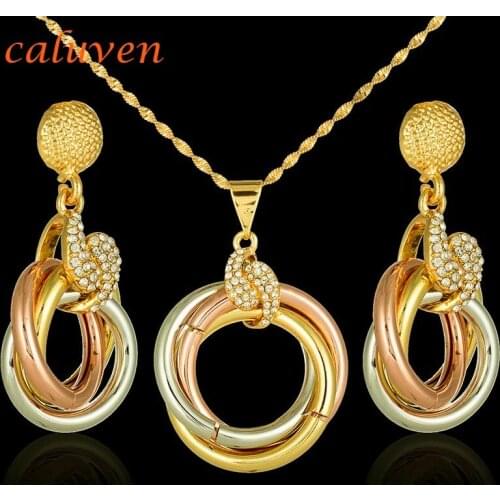 African Womens Gift Ethiopian Nigerian Dubai Mix Rose White Gold Color Jewelry Sets Round with Stone Necklace Sets CE053