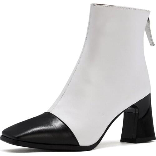 Square Toe Chunky Heel Color-Block Boots With Microfiber Stitching PU Ladies Chelsea Boots Horseshoe Heel Army Green Shoes