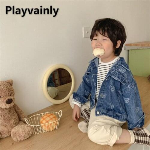 2021 Korean Style Autumn Kids Boys Girls Coat Cartoon Bear Print Long Sleeves Denim Jackets Children Outwear Casual Style E5366