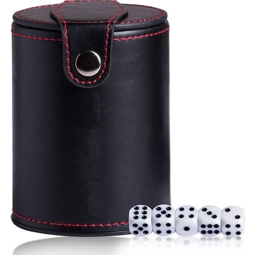 Double Layer Black PU Leather Red Flannel Dice Cup With 5pcs Dices Game Supplies