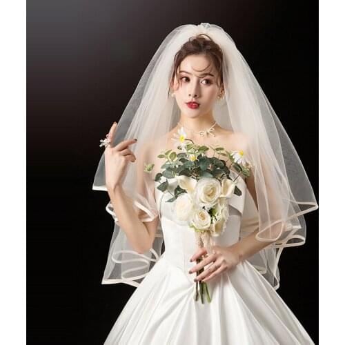 Simple Tulle Wedding Veils Two Layers Bridal Veils with Comb Short White Champagne Veil Ribbon Edge Bride Accessoire Mariage