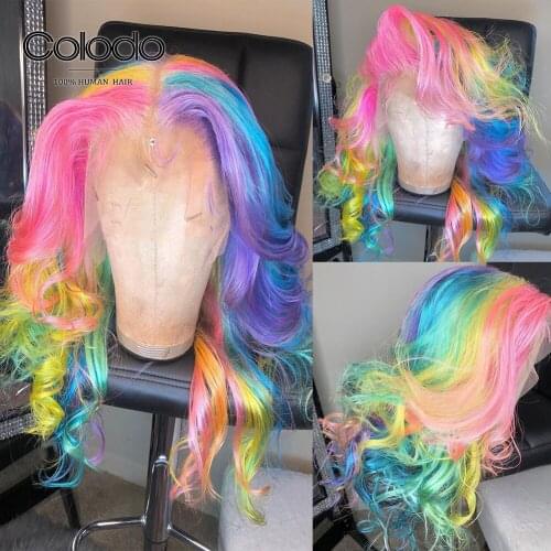 Pink Purple Rainbow Color Lace Front Wig with Baby Hair Blue Yellow Pre Plucked Lace Front Human Hair Wigs for Women COLODO