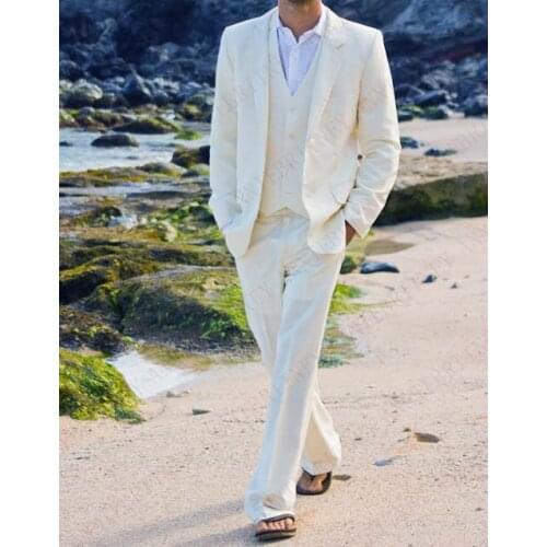 ANNIEBRITNEY 2019 Latest Coat Pant Designs Ivory Casual Linen Men Suits For Wedding Custom Made Summer Beach Groom Tuxedos Set