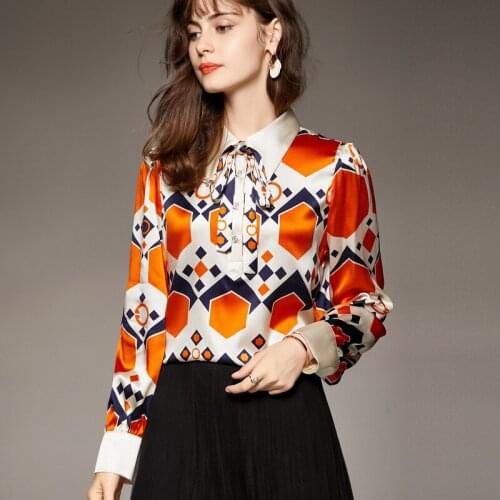 Heavy Silk Satin Shirt 2021 European and American New Fashion Polo Collar Long Sleeve Printed Mulberry Silk Top