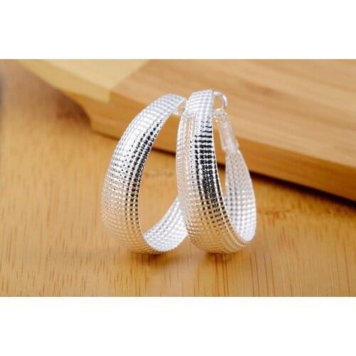 LJ&OMR Silver Jewelry Oval Round Hoop Mesh Earrings Silver Plated Earrings for Women Fashion Bridal Jewelry Classic Nausnice