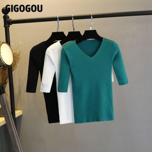 GIGOGOU Basic Women Sweater Knitted Pullover Women V Neck Soft Jumper Half Sleeve Crop Sweaters Jersey Mujer Invierno