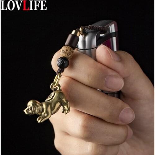 Vintage Brass Dog Zodiac Animal Key Chain Hanging Trinkets Handmade Braied Lanyard Keychain Pendant Rope Car Keyring Decorations