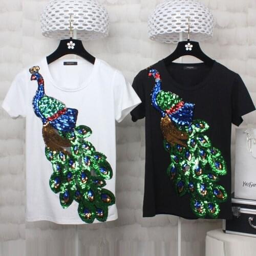 European womens wear 2018 The new spring With short sleeves Round collar The peacock sequins T-shirt