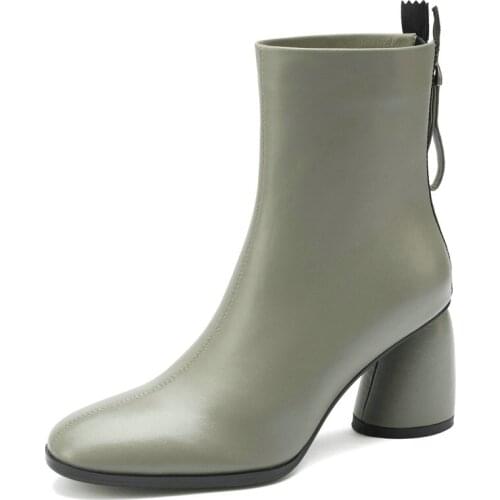 Thick high Heels Round Toe Women Ankle Boots Back Zip genuine leather Boots Fashion Office Casual Autumn Winter Shoes Woman