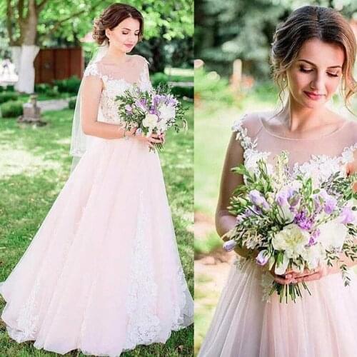 Delicate Tulle Scoop Neckline A-line Pink Wedding Dresses See Through Bridal Dress vintage vestidos de novia 2021 wedding gowns