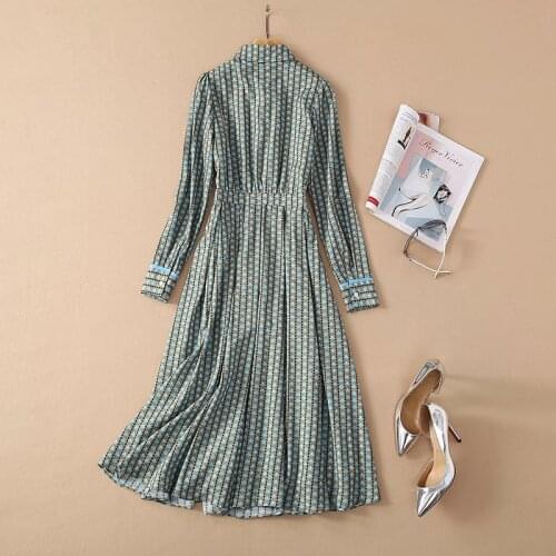 Vintage Spring Summer Women Long Sleeve Turn-down Collar Geometric Print Office Ladies Elegant Shirt Dress