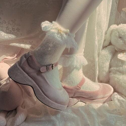 Winter knitting lace rabbit wool socks lolita girls princess lace warm socks