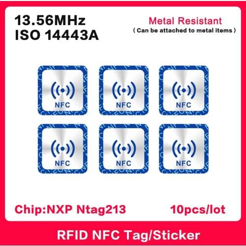 10PCS NFC Stickers Tag ISO14443A 13.56MHz NXP NTAG213 Anti-metal Label RFID HF Smart electronic Tags Can attached to metal items
