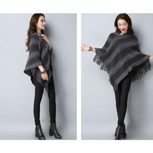 2018 Lady Knitted Fur Striped Poncho Plus Size Winter Shawl Fashion Hollow Tassel Sweater Batwing Sleeve Long Pullovers