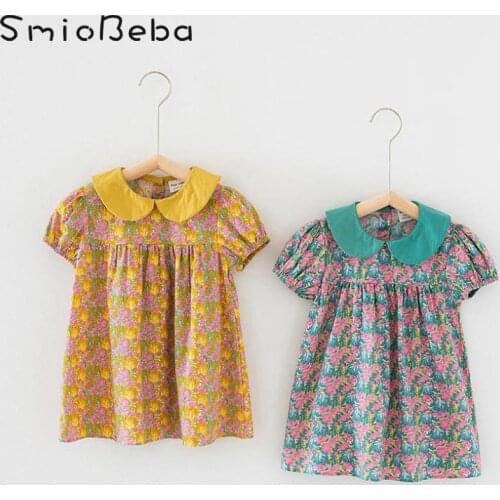 2021 Summer Baby Girls Sweet Dress Turn Down Collar Floral Printed Bubble Sleeve Short Skirt Childrens Colorful Koran Clothing