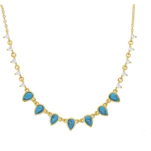 2021 Gold Color Water Drop Blue Opal Stone With Cz Station Statement Chain Necklace Choker Fashion Trendy Jewelry For Women Gift