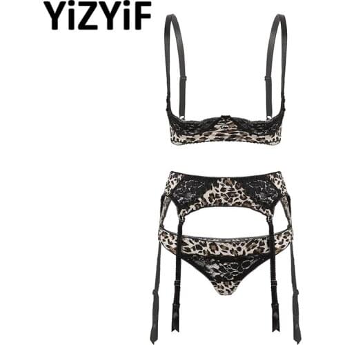 3Pcs Women Erotic Lingerie Set Sexy Costume Quarter Underwired Cups Bra Top With Garter Belt And Thongs Underwear Set Nightwear