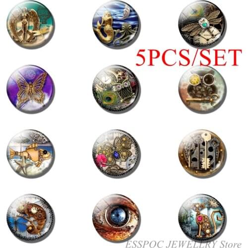 5PCS/SET Steampunk Brass Color Fish Bird Butterfly Mechanical Cat 25mm Glass Cabochon Pendant Fashion Accessories Creative Gifts