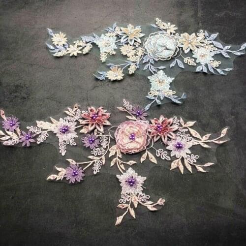 50pcs/Lot Three-dimensional Pearl Flowers Lace Mesh Embroidered Lace Collar Organza Pure Cotton Edge Clothing Diy Lron Heat